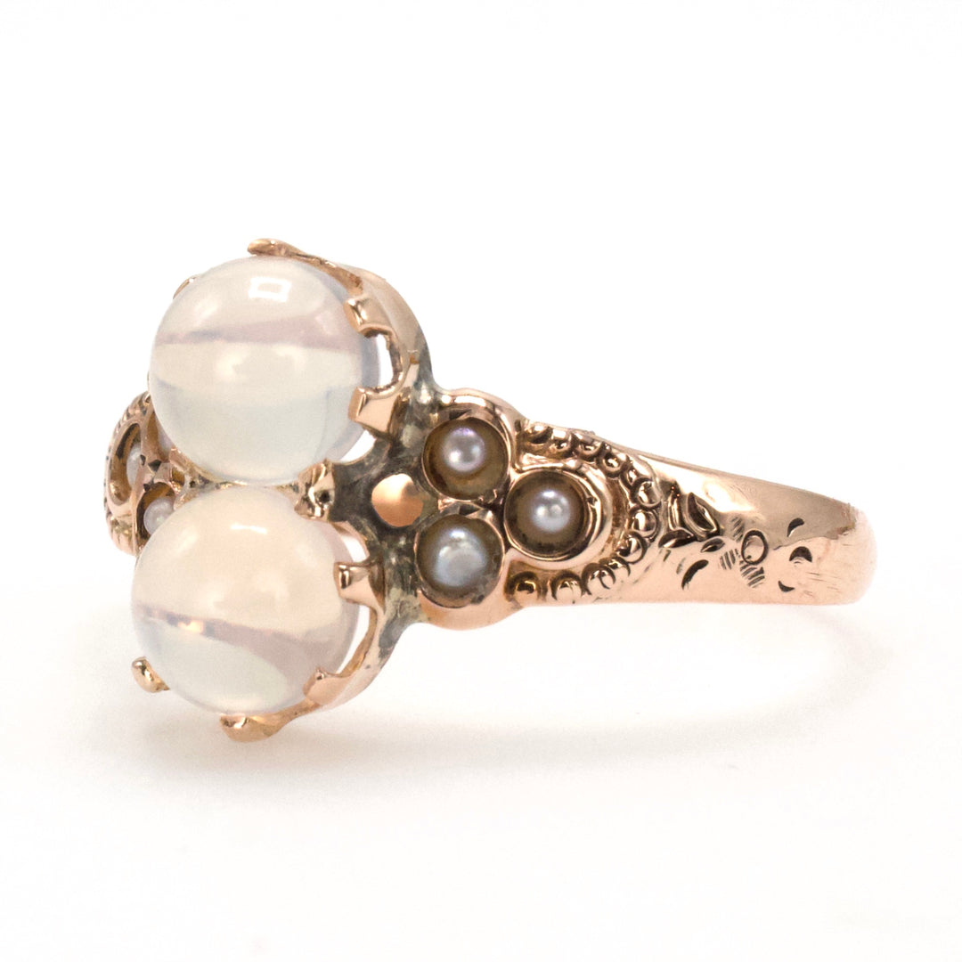 Victorian Toi-et-Moi Two Moonstone Gold Ring with Seed Pearl Accents