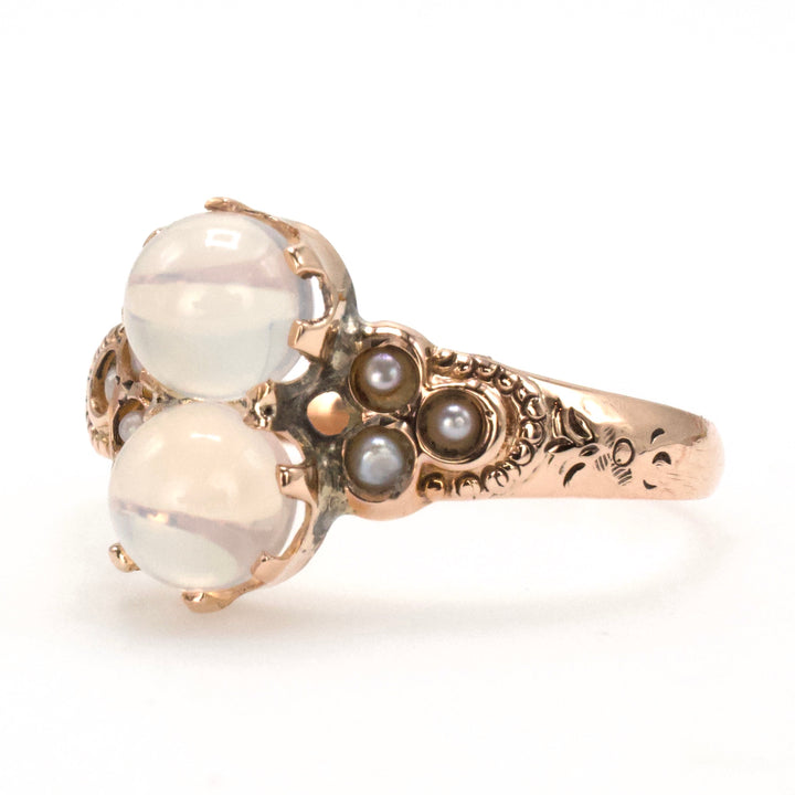 Victorian Toi-et-Moi Two Moonstone Gold Ring with Seed Pearl Accents