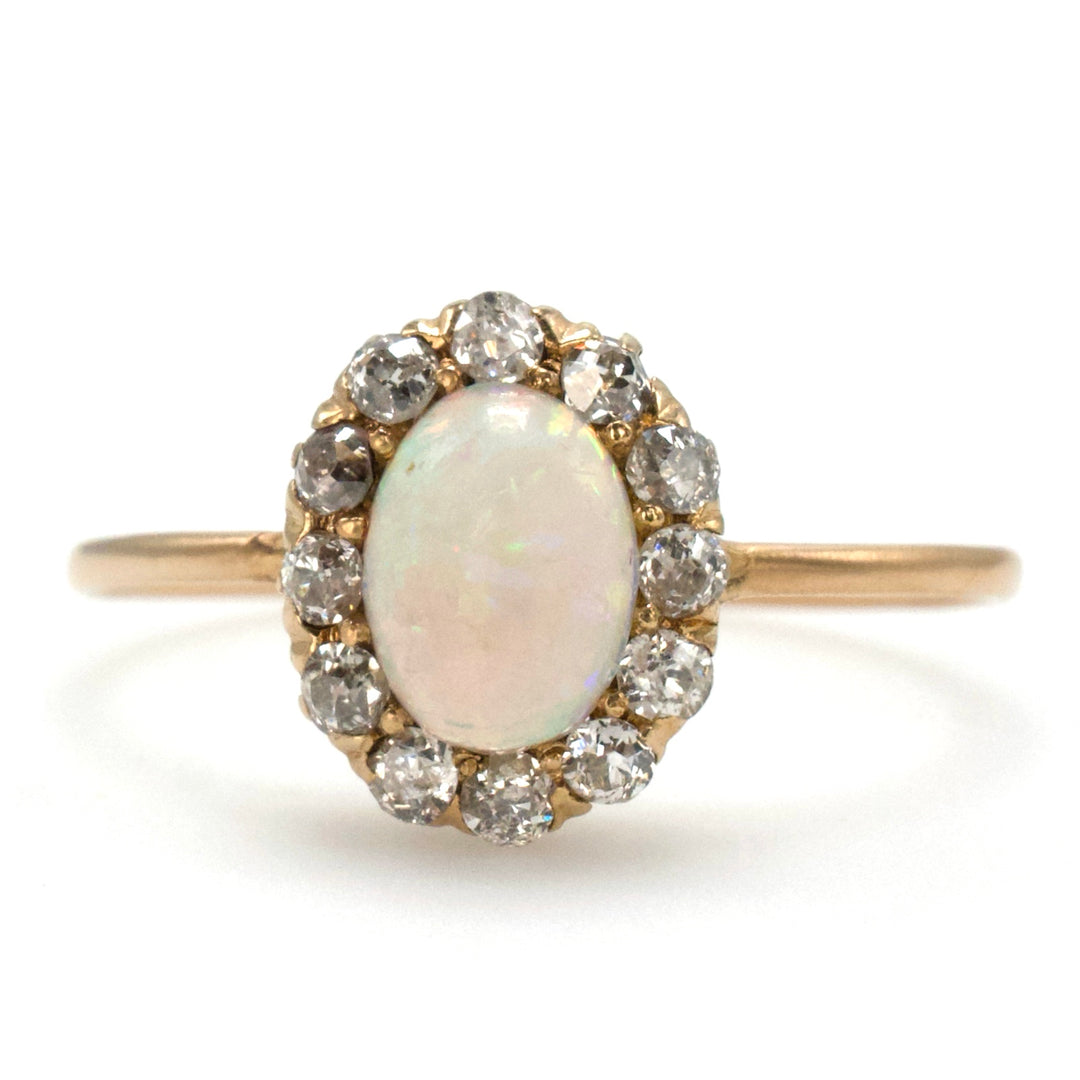 Victorian Opal and Old Mine &amp; European Cut Diamond Halo Ring