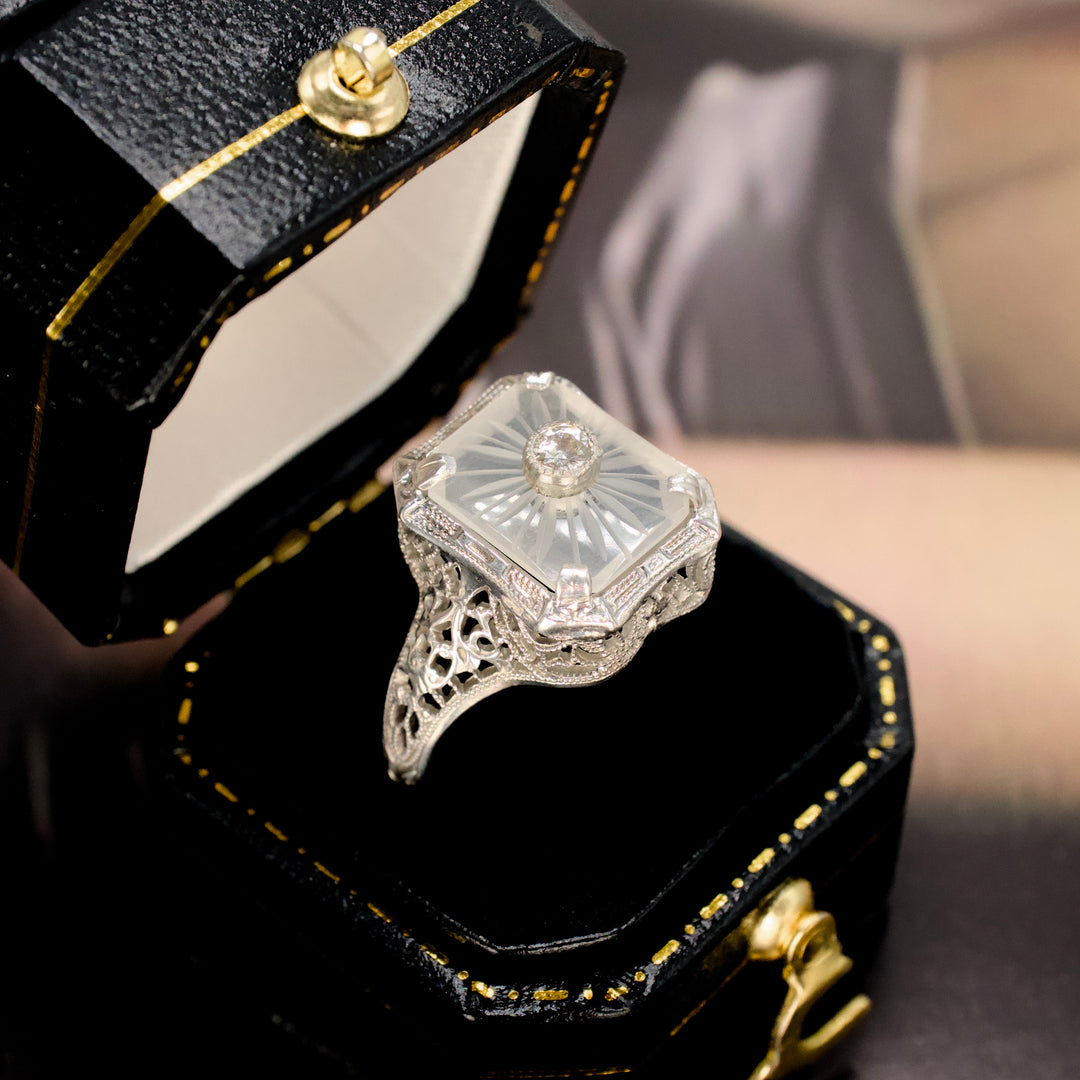 Art Deco Camphor Glass and Diamond Filigree Ring by Belais