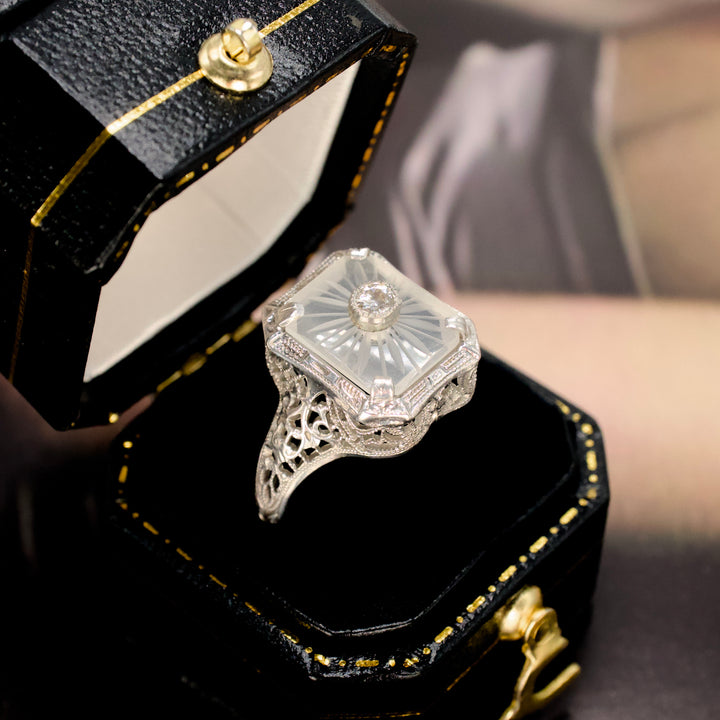 Art Deco Camphor Glass and Diamond Filigree Ring by Belais