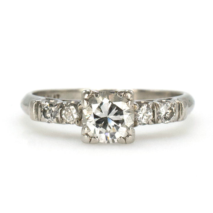Midcentury Platinum Diamond Engagement Ring with Transitional Cut Diamond and Four Accent Diamonds