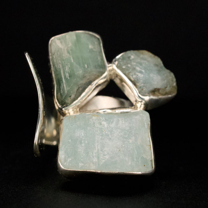 Bezel Set Pieces of Aquamarine Rough in a Sterling Silver Ring