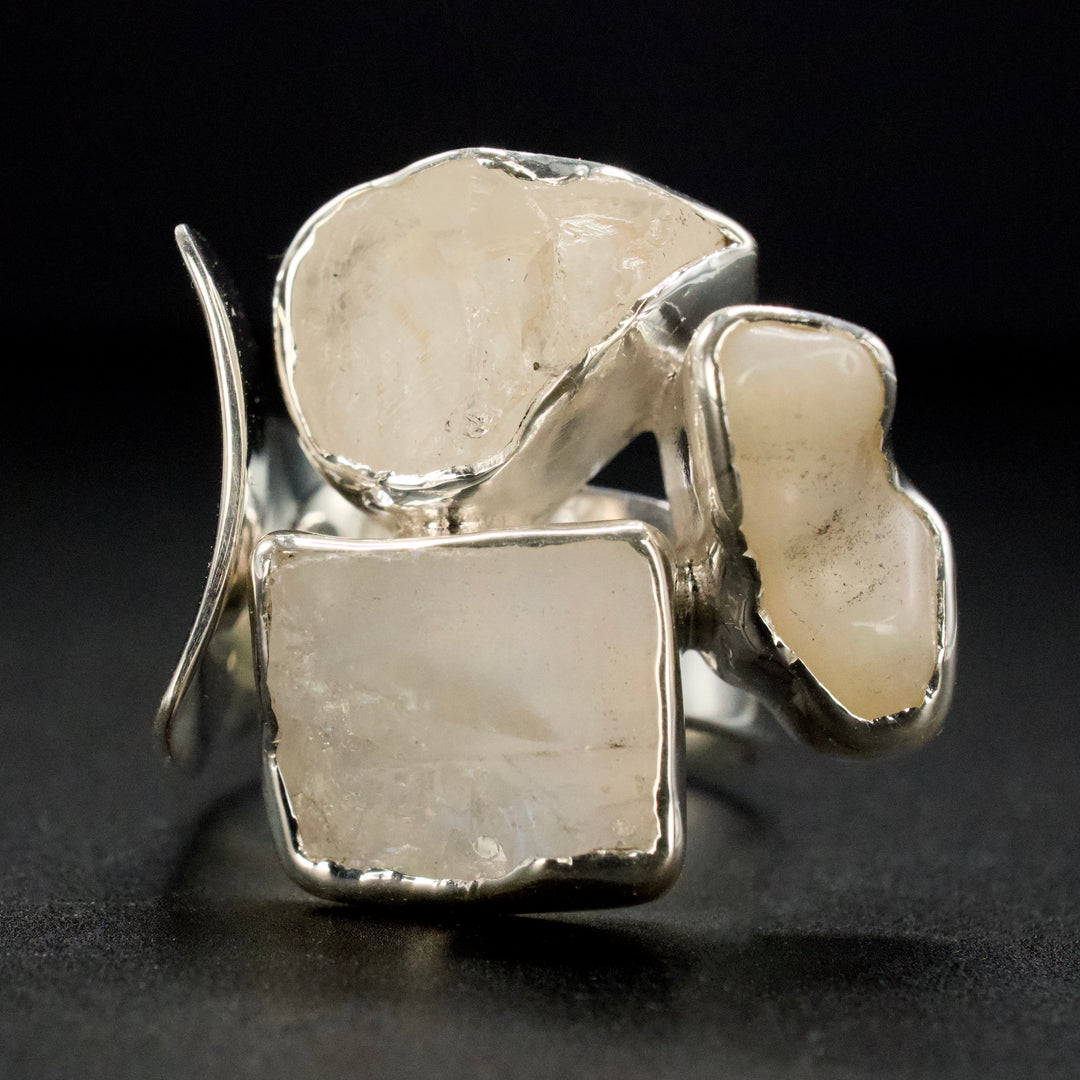 Bezel Set Pieces of Aquamarine or Moonstone Rough in a Sterling Silver Ring