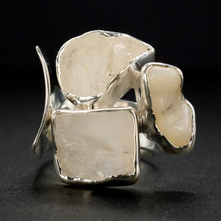 Bezel Set Pieces of Aquamarine or Moonstone Rough in a Sterling Silver Ring