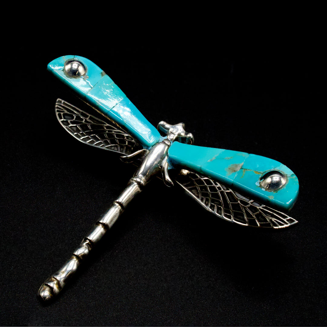 Hecho a Mano Turquoise and Silver Dragonfly Brooch/Pendant by Manuel Figueroa