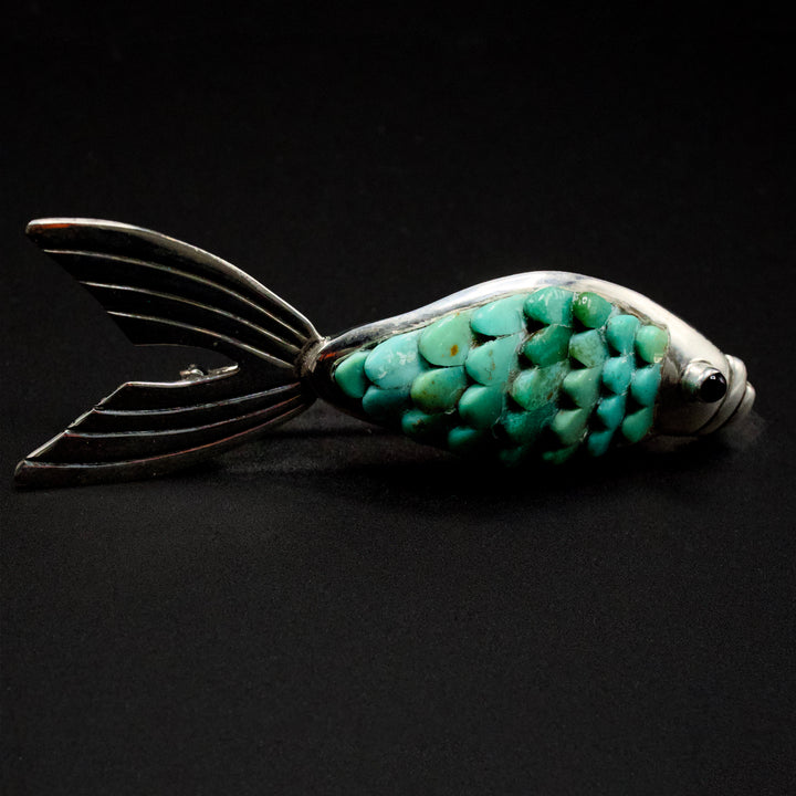 Hecho a Mano Turquoise and Silver Fish Brooch/Pendant by Manuel Figueroa