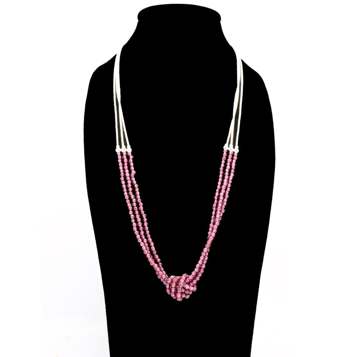 Knotted Triple Strand Necklace of Sterling Silver and Rubellite Tourmaline Beads