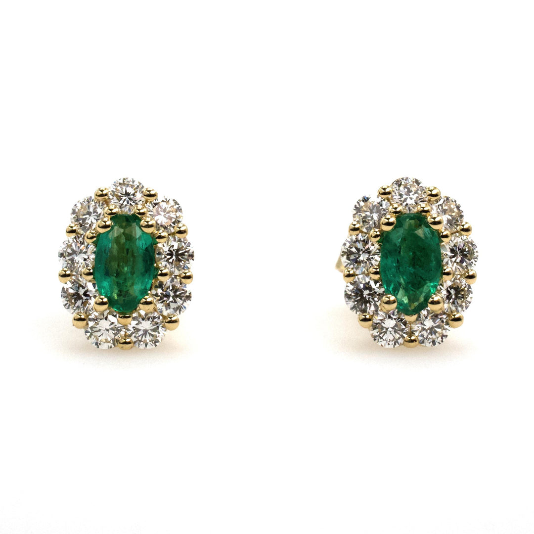 Yellow Gold Emerald Stud Earrings with Diamond Halo