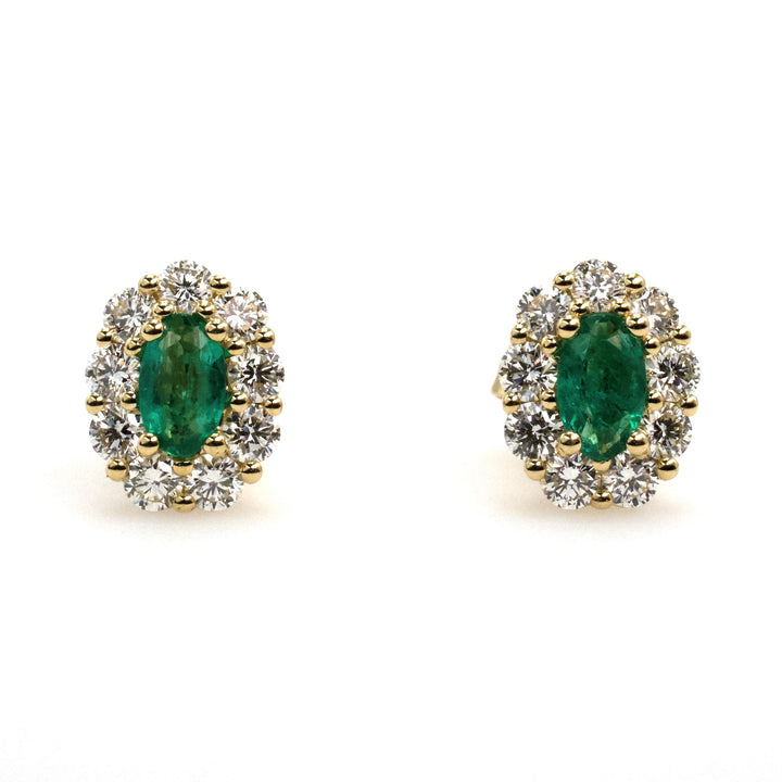 Yellow Gold Emerald Stud Earrings with Diamond Halo