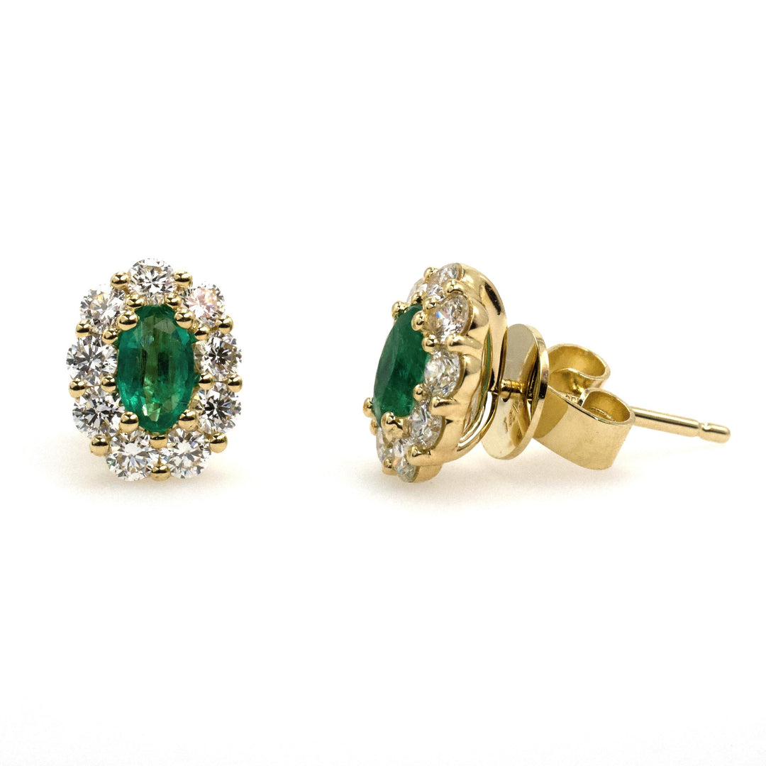 Yellow Gold Emerald Stud Earrings with Diamond Halo