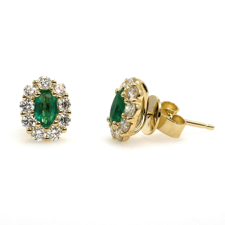 Yellow Gold Emerald Stud Earrings with Diamond Halo