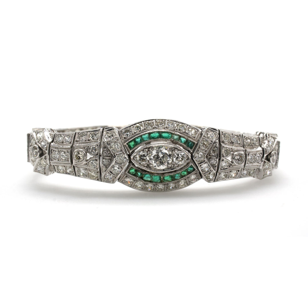 Art Deco Platinum and Diamond Link Bracelet with Emerald Accents