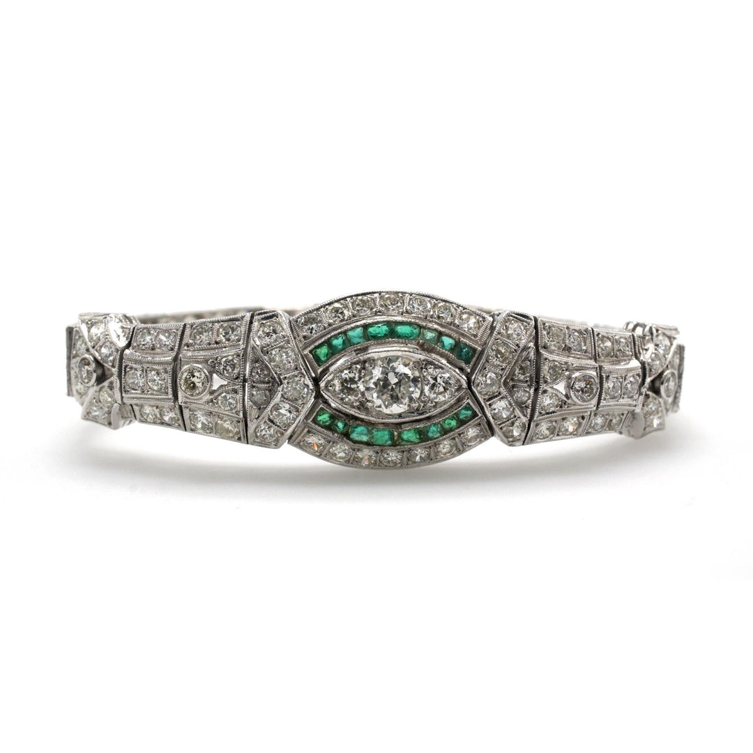 Art Deco Platinum and Diamond Link Bracelet with Emerald Accents