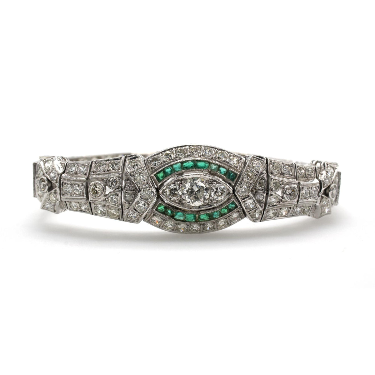 Art Deco Platinum and Diamond Link Bracelet with Emerald Accents