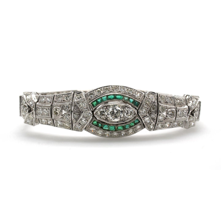 Art Deco Platinum and Diamond Link Bracelet with Emerald Accents