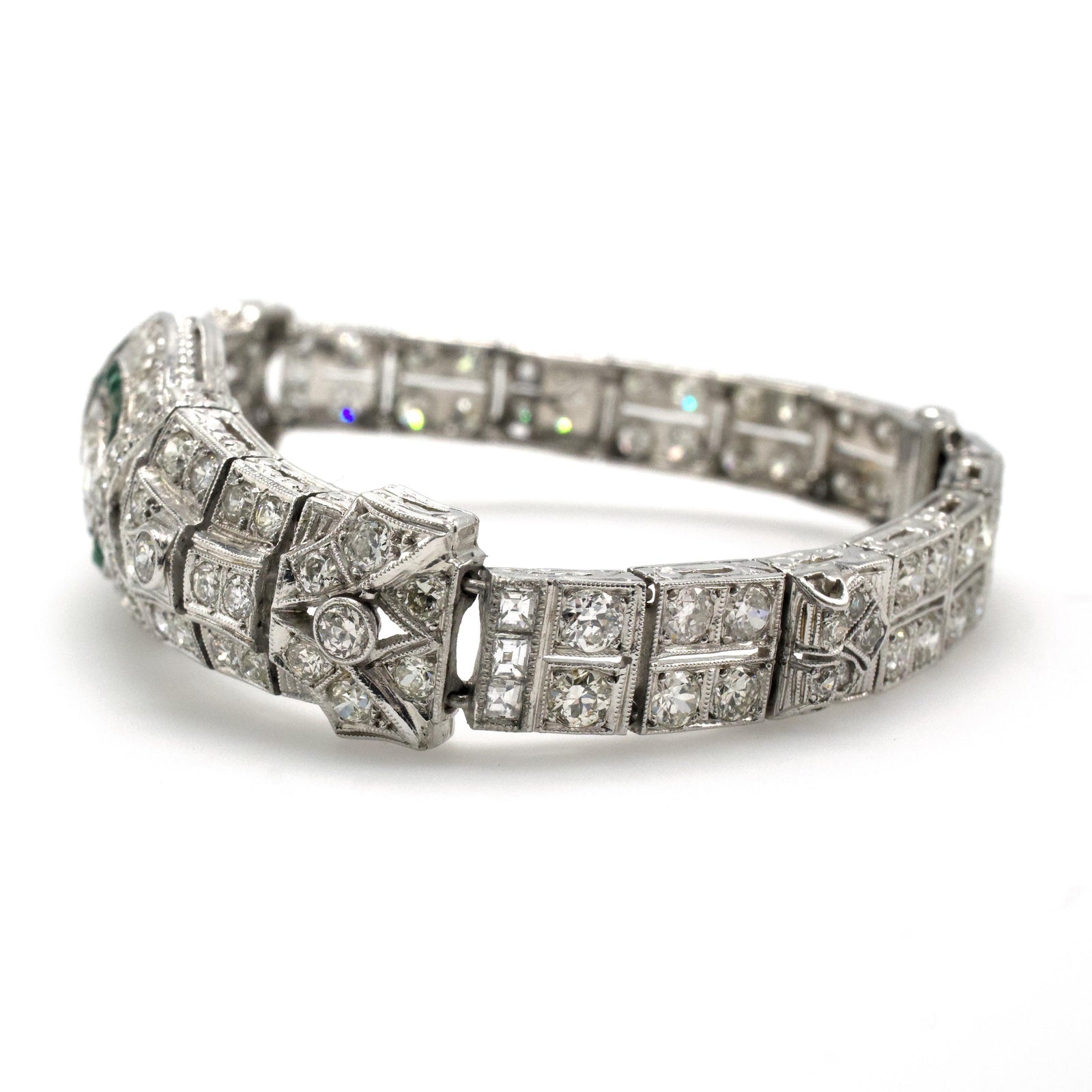 Art Deco Platinum and Diamond Link Bracelet with Emerald Accents