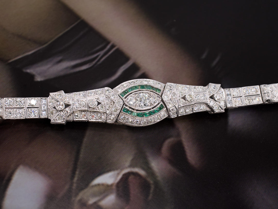 Art Deco Platinum and Diamond Link Bracelet with Emerald Accents