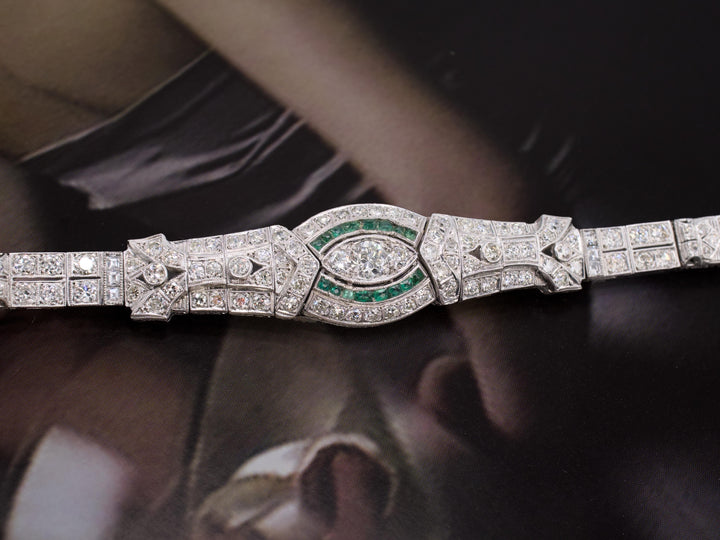 Art Deco Platinum and Diamond Link Bracelet with Emerald Accents