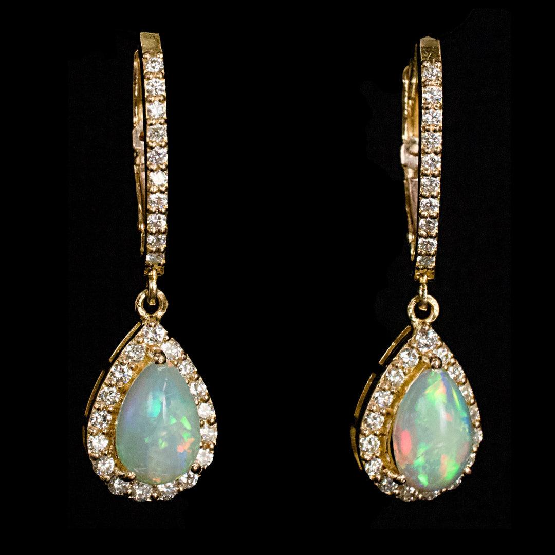 21 Karat Gold Lever Back Opal Drop Earrings with Accent Diamonds