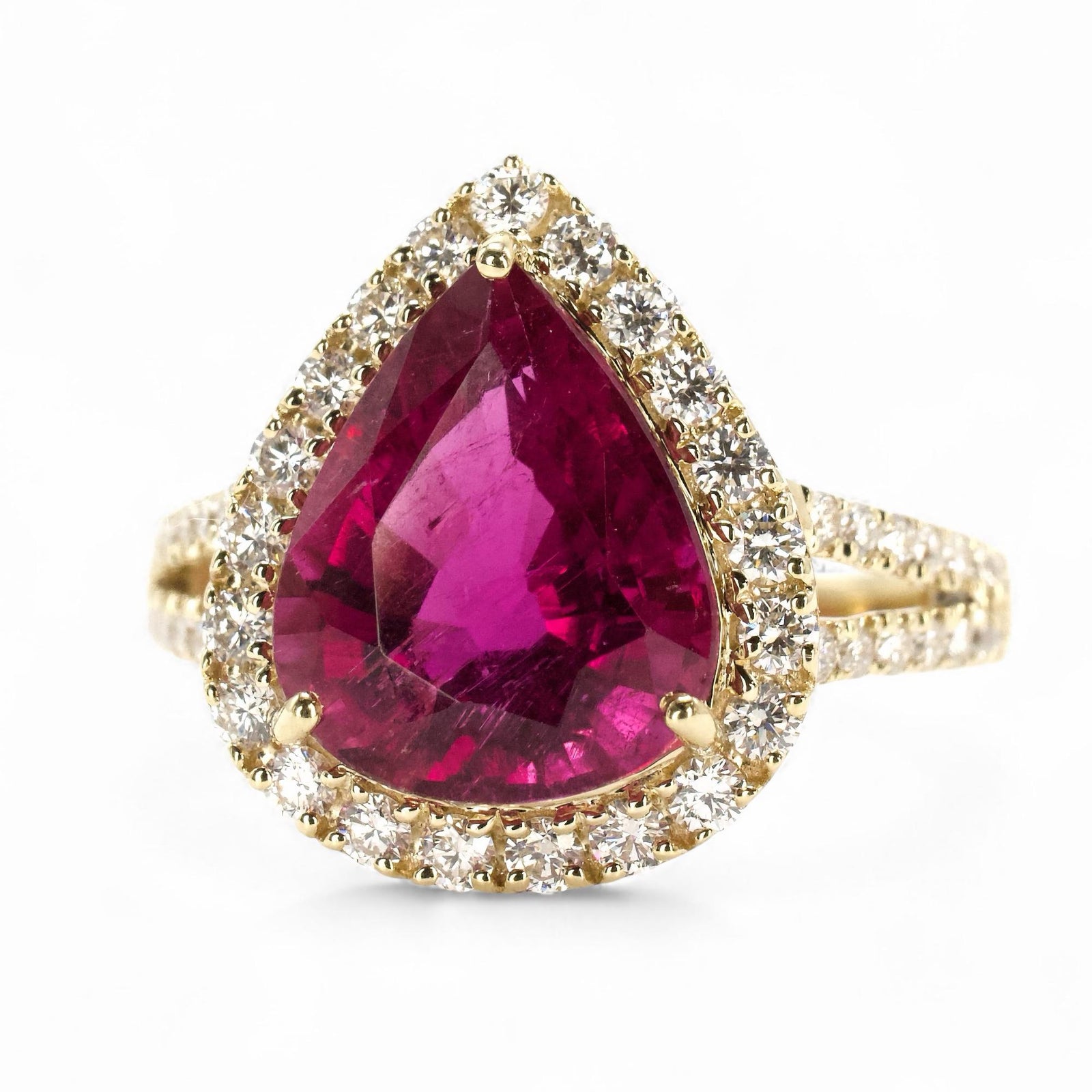 6.37 ct Pear Cut Rubellite Tourmaline Ring with Diamond Halo and Split Shank