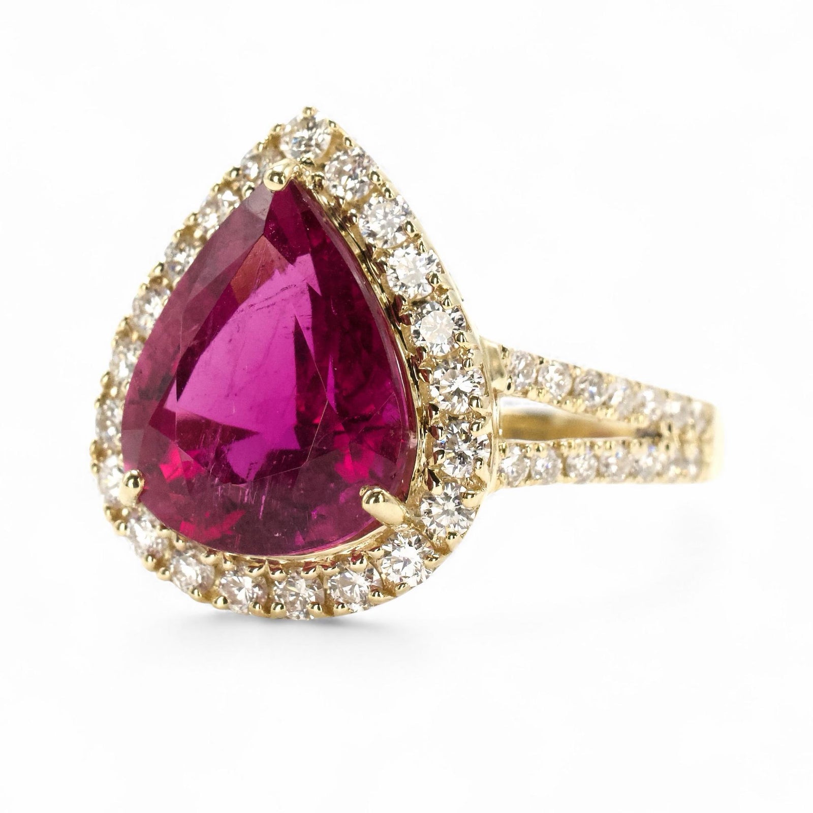 6.37 ct Pear Cut Rubellite Tourmaline Ring with Diamond Halo and Split Shank