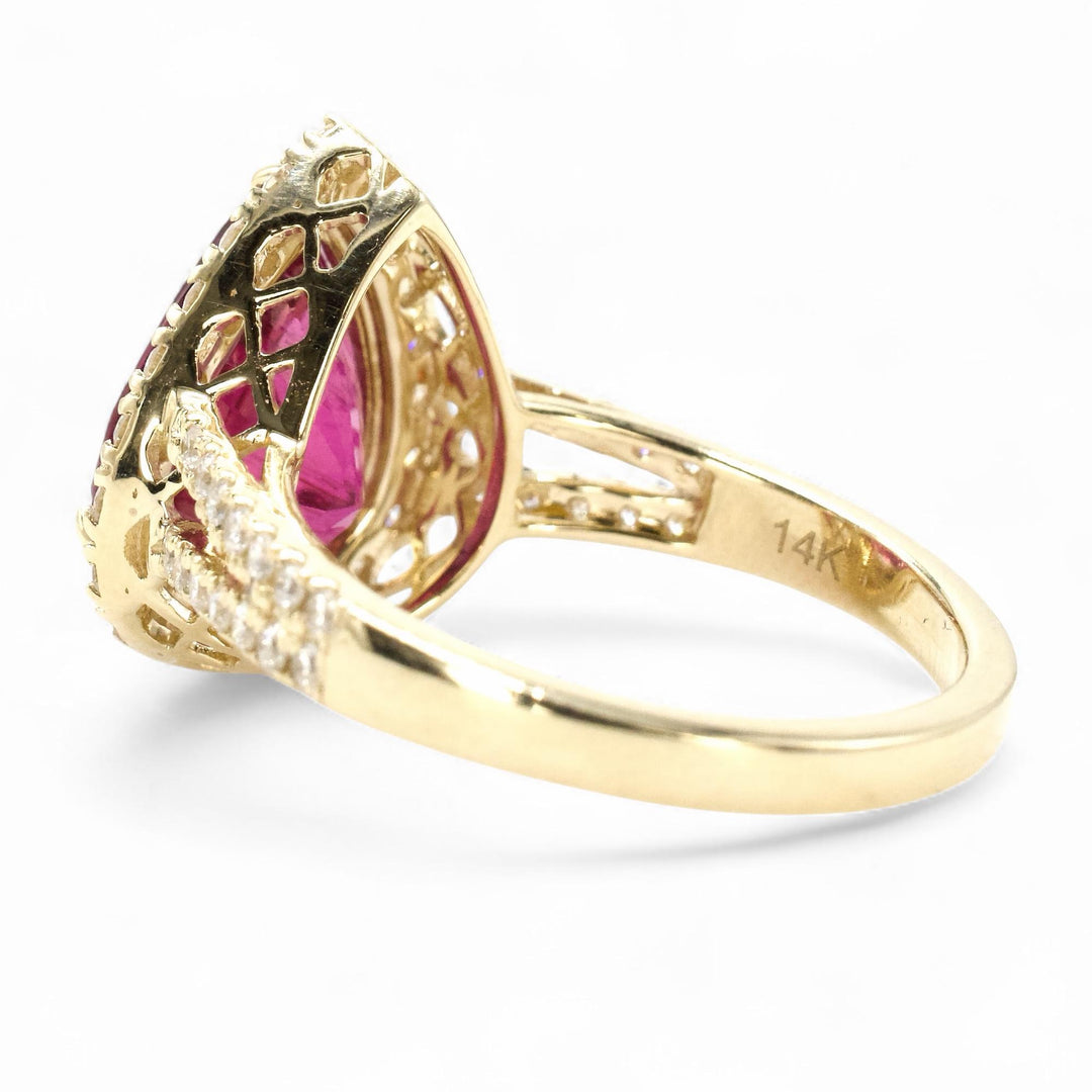 6.37 ct Pear Cut Rubellite Tourmaline Ring with Diamond Halo and Split Shank