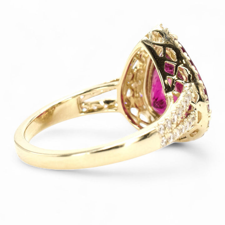 6.37 ct Pear Cut Rubellite Tourmaline Ring with Diamond Halo and Split Shank