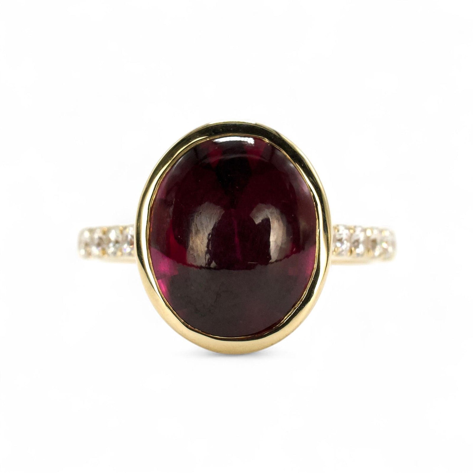 6.50 Carat Bufftop Red Garnet in Diamond Accented Bezel Ring