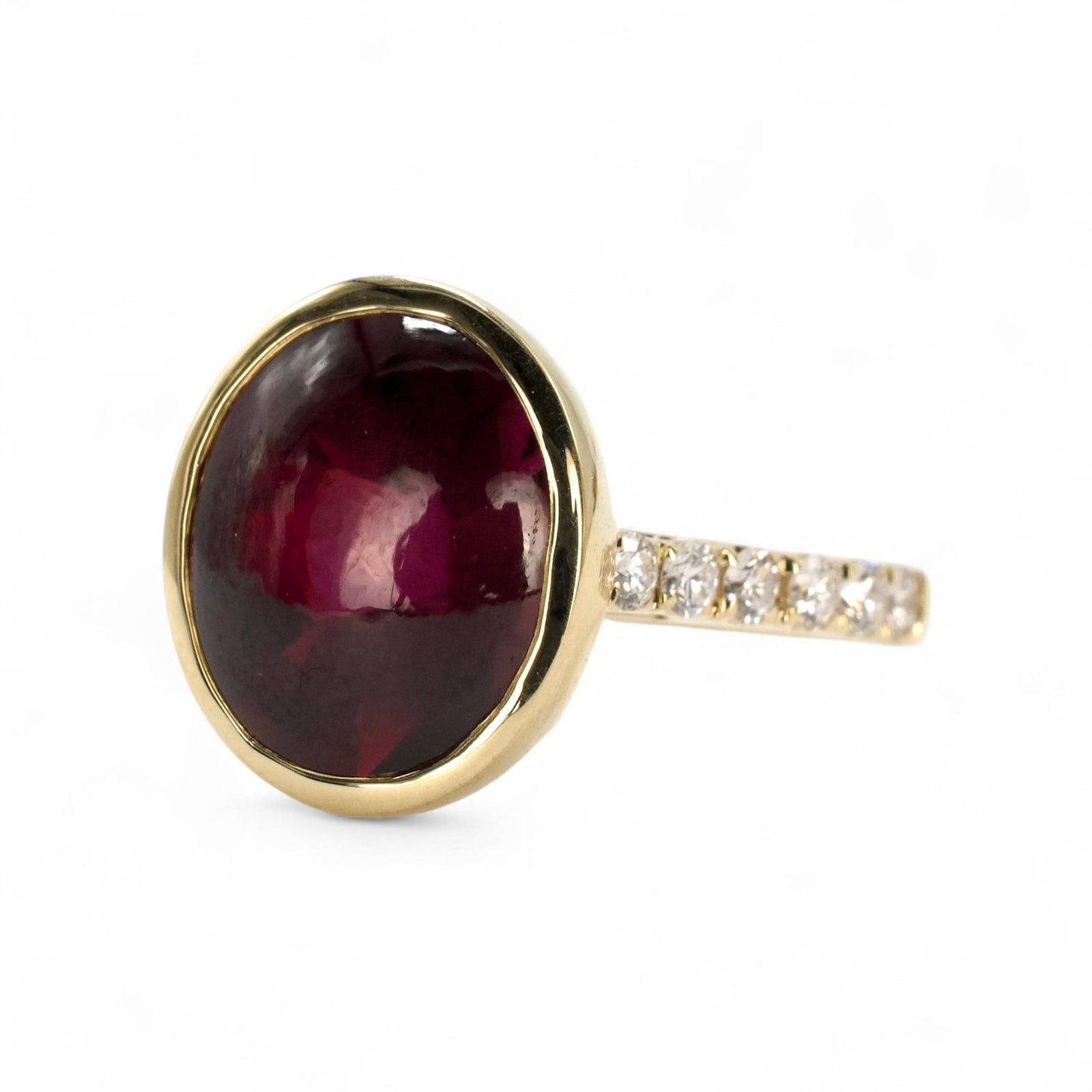 6.50 Carat Bufftop Red Garnet in Diamond Accented Bezel Ring