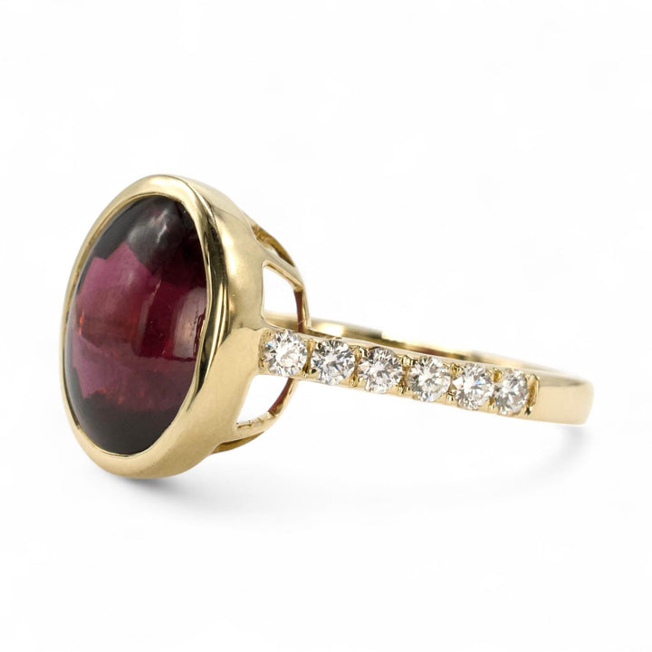 6.50 Carat Bufftop Red Garnet in Diamond Accented Bezel Ring