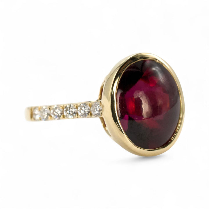 6.50 Carat Bufftop Red Garnet in Diamond Accented Bezel Ring