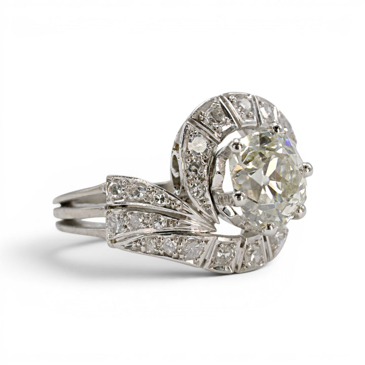 Retro Bypass Swirl Engagement Ring with 2.55 carat European Cut Diamond in Platinum