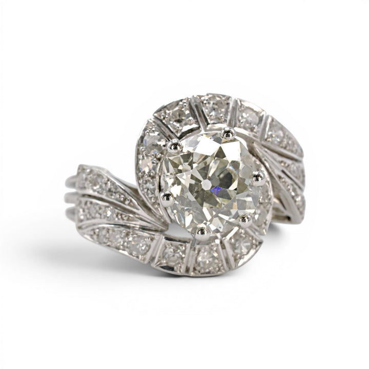Retro Bypass Swirl Engagement Ring with 2.55 carat European Cut Diamond in Platinum