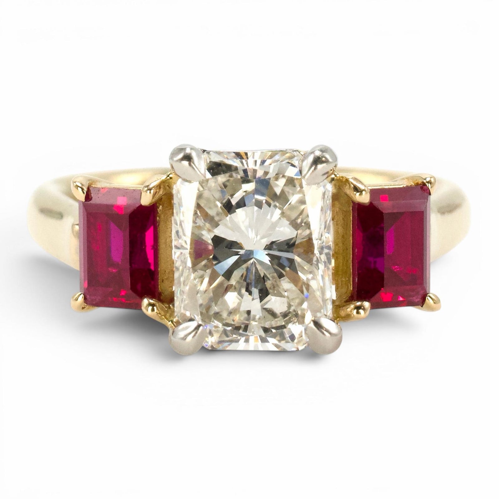1.47 Carat Radiant Cut Diamond Three Stone Engagement Ring with Rubies in