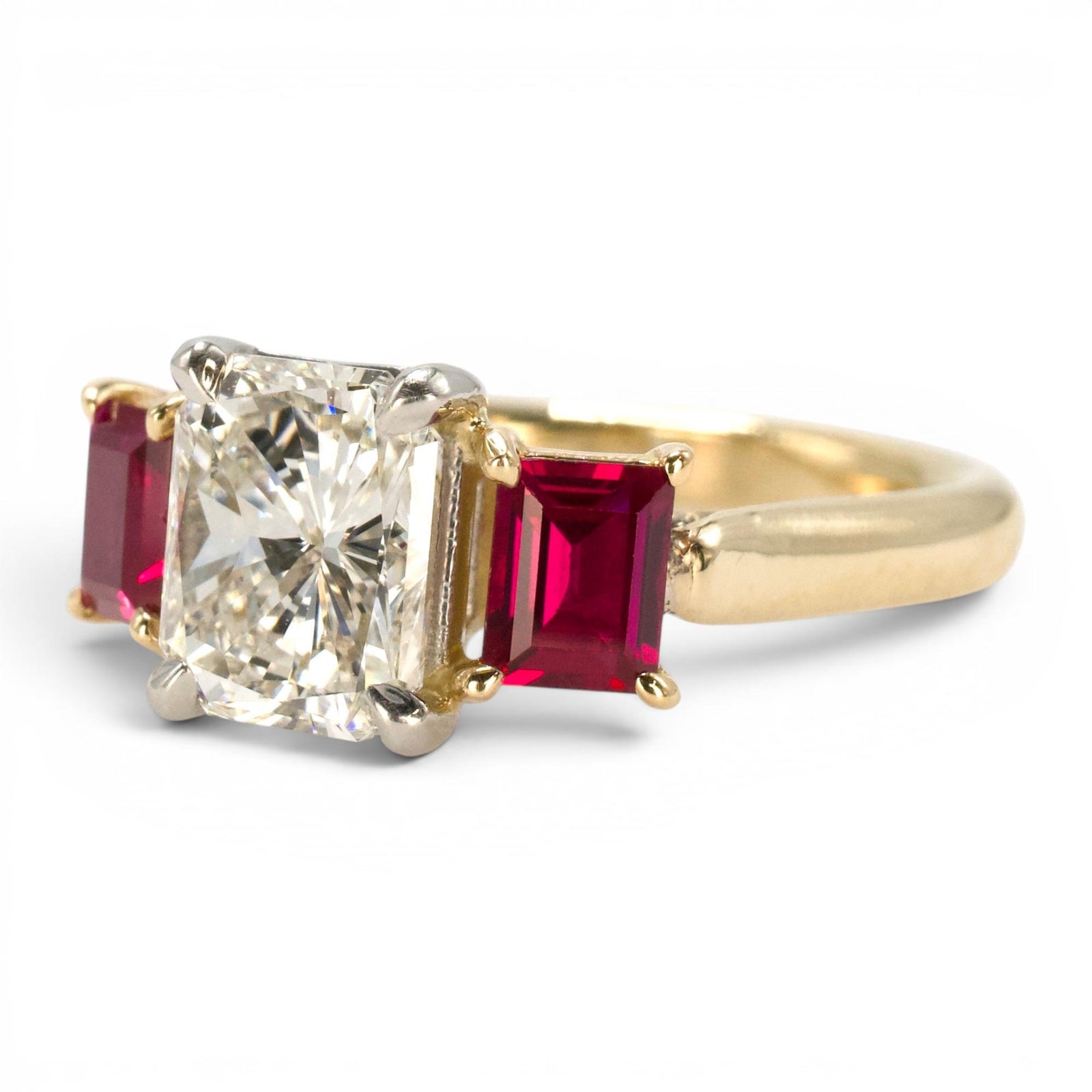1.47 Carat Radiant Cut Diamond Three Stone Engagement Ring with Rubies in