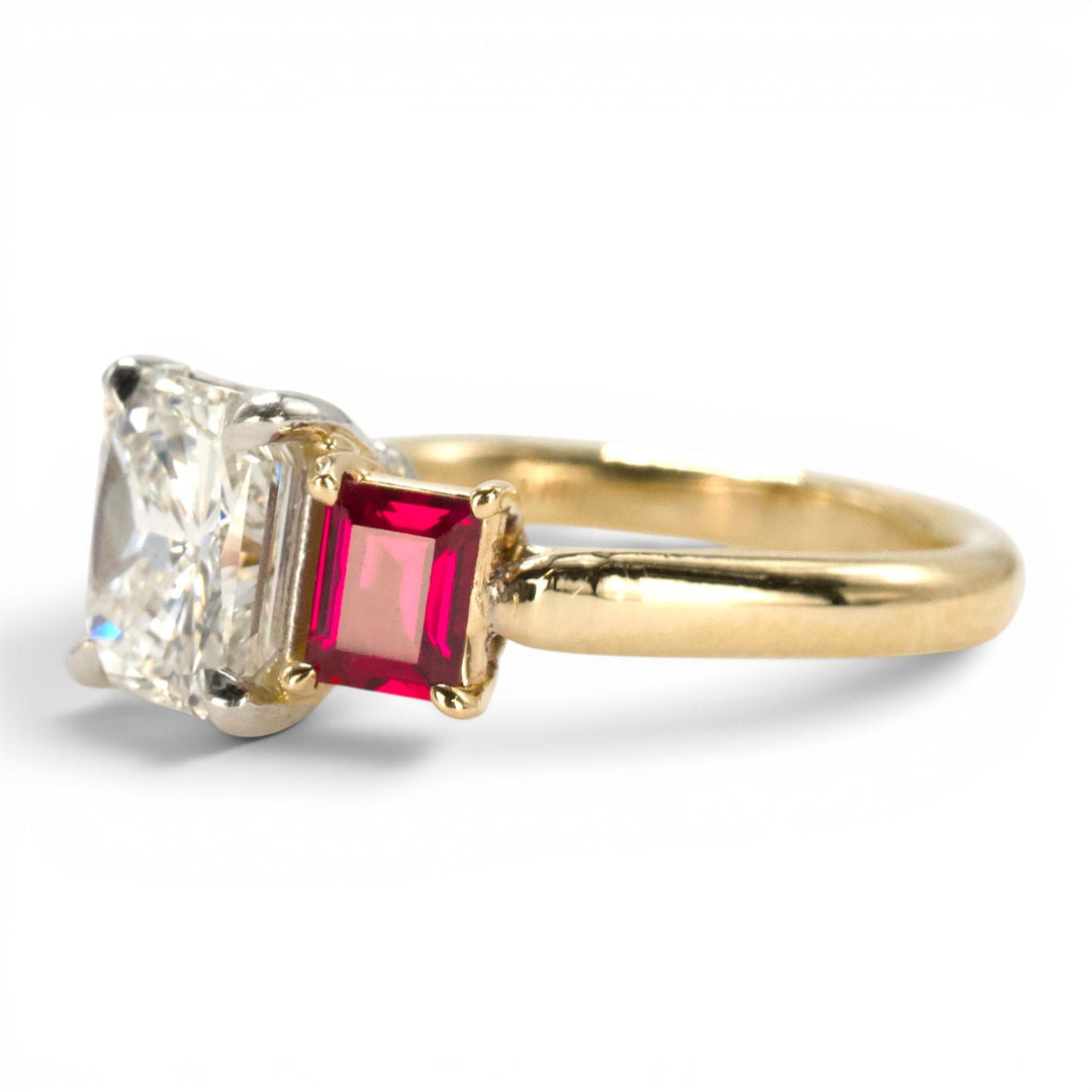 1.47 Carat Radiant Cut Diamond Three Stone Engagement Ring with Rubies in