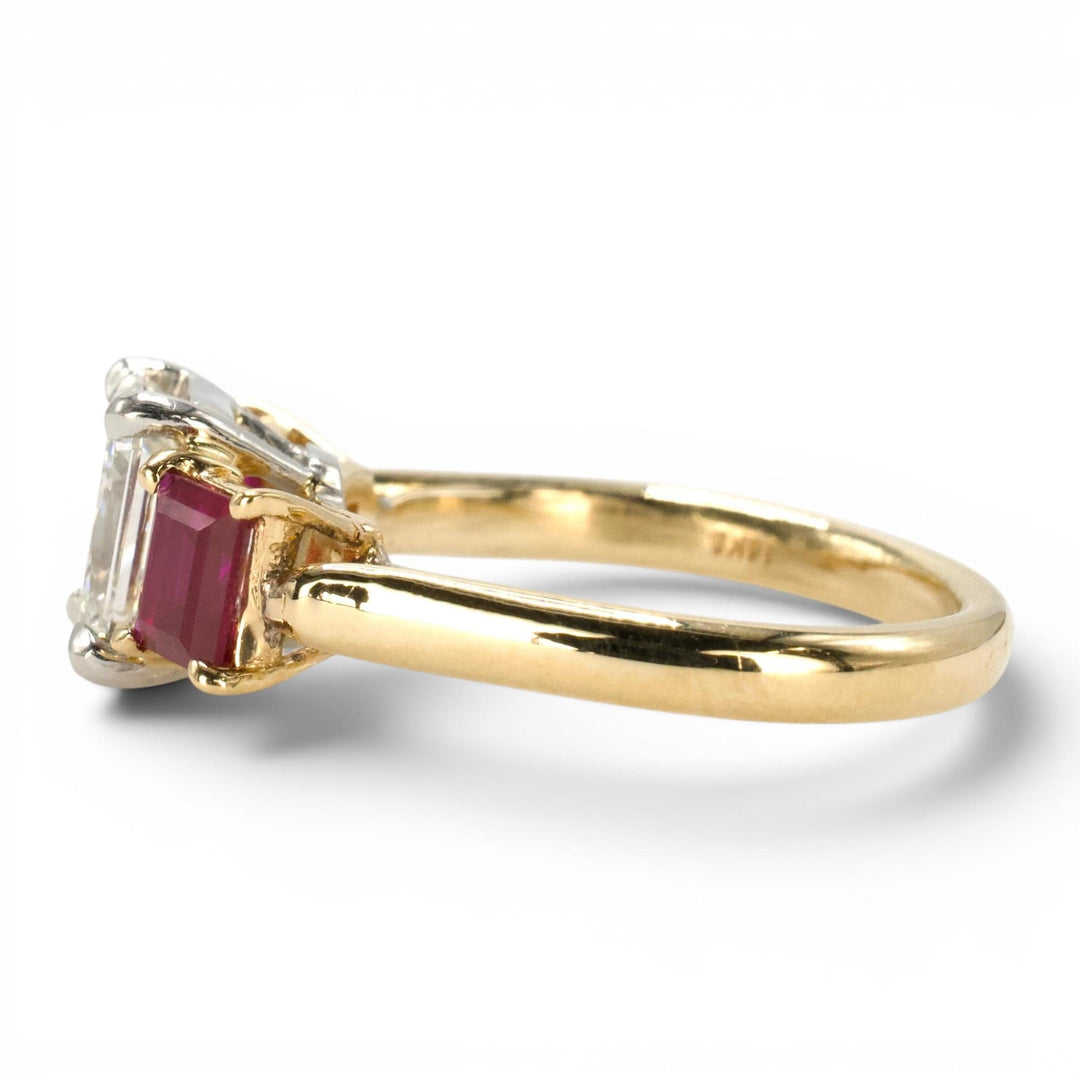1.47 Carat Radiant Cut Diamond Three Stone Engagement Ring with Rubies in