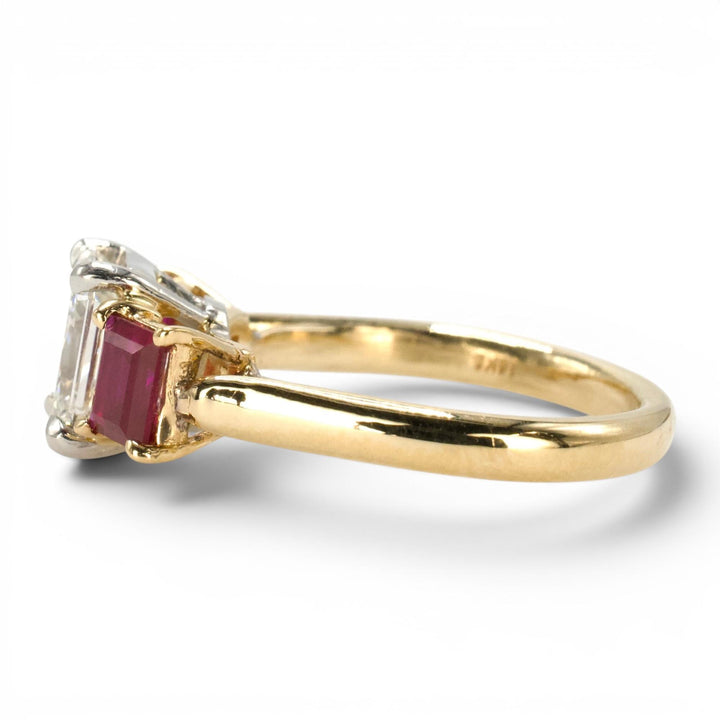 1.47 Carat Radiant Cut Diamond Three Stone Engagement Ring with Rubies in