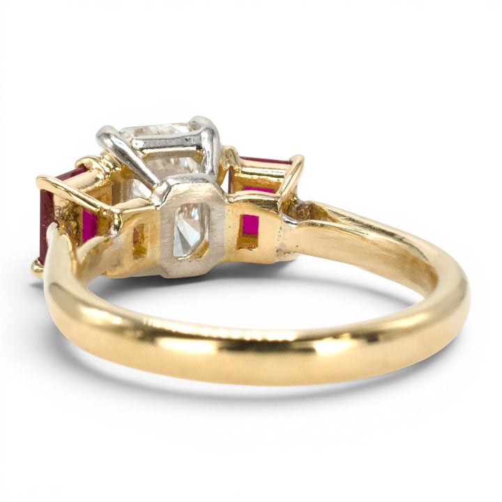 1.47 Carat Radiant Cut Diamond Three Stone Engagement Ring with Rubies in