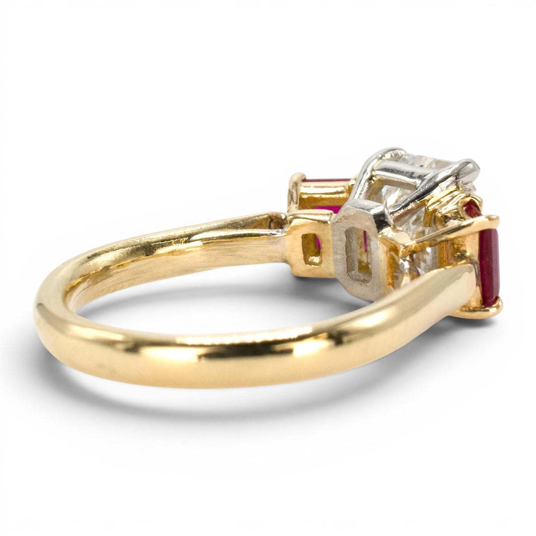 1.47 Carat Radiant Cut Diamond Three Stone Engagement Ring with Rubies in