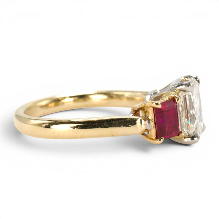 1.47 Carat Radiant Cut Diamond Three Stone Engagement Ring with Rubies in