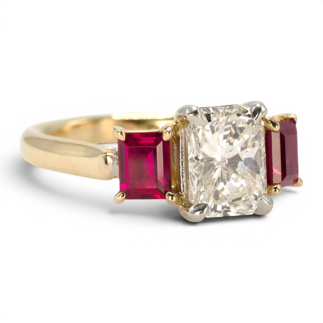 1.47 Carat Radiant Cut Diamond Three Stone Engagement Ring with Rubies in