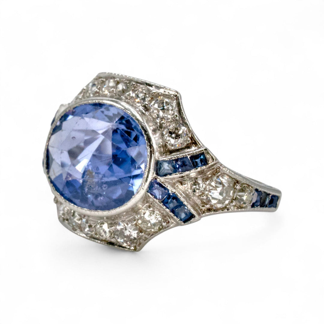Art Deco Platinum Ring with 4.80 ct Unheated Ceylon Blue Sapphire