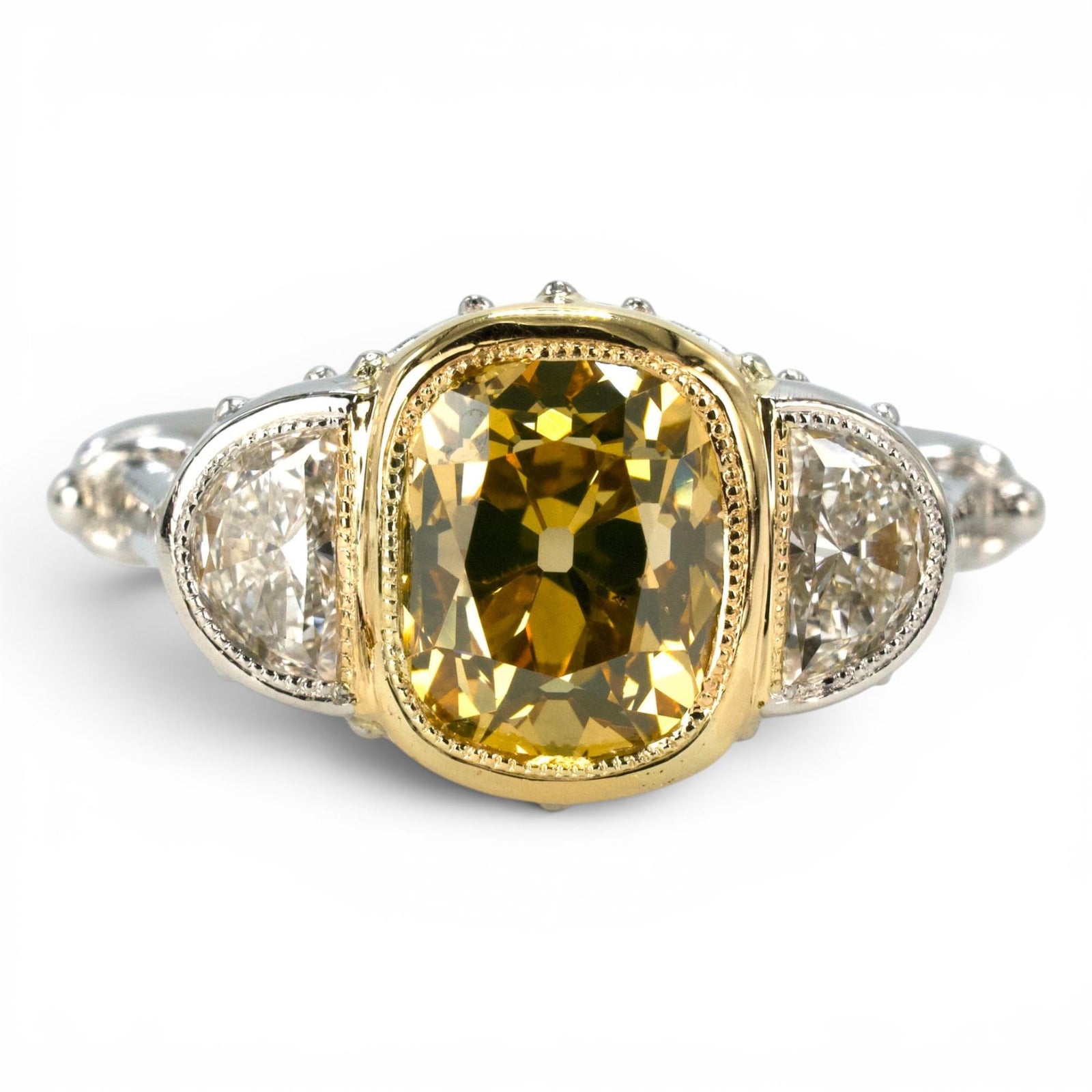 GIA 2.14ct Fancy Yellow Old Mine Cut Diamond in Art Deco Style Mounting
