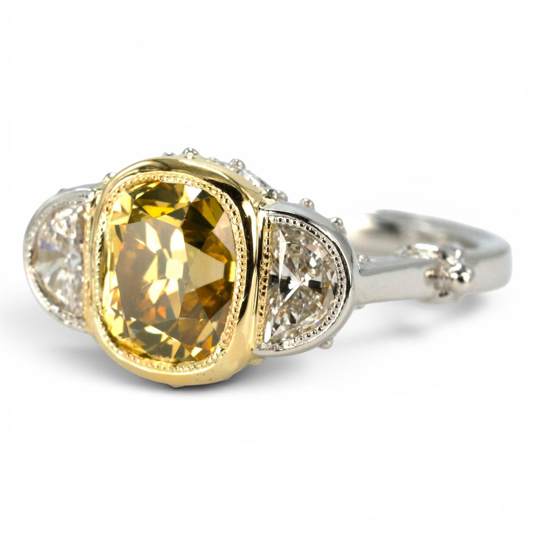 GIA 2.14ct Fancy Yellow Old Mine Cut Diamond in Art Deco Style Mounting