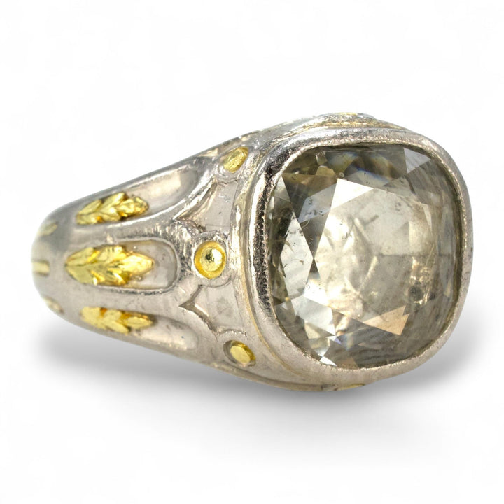 2.32 Carat Cushion Shaped Antique Rose Cut Diamond in Platinum and Yellow Gold
