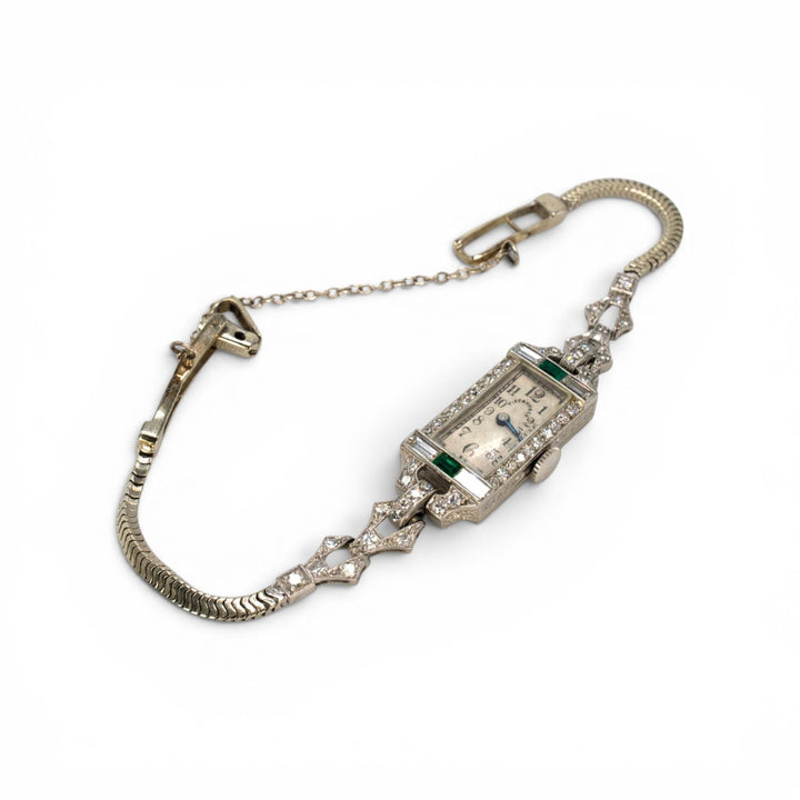 Tiffany &amp; Co. Art Deco Diamond and Emerald Watch in Platinum and White Gold