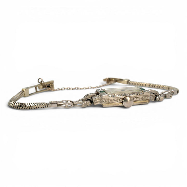 Tiffany &amp; Co. Art Deco Diamond and Emerald Watch in Platinum and White Gold