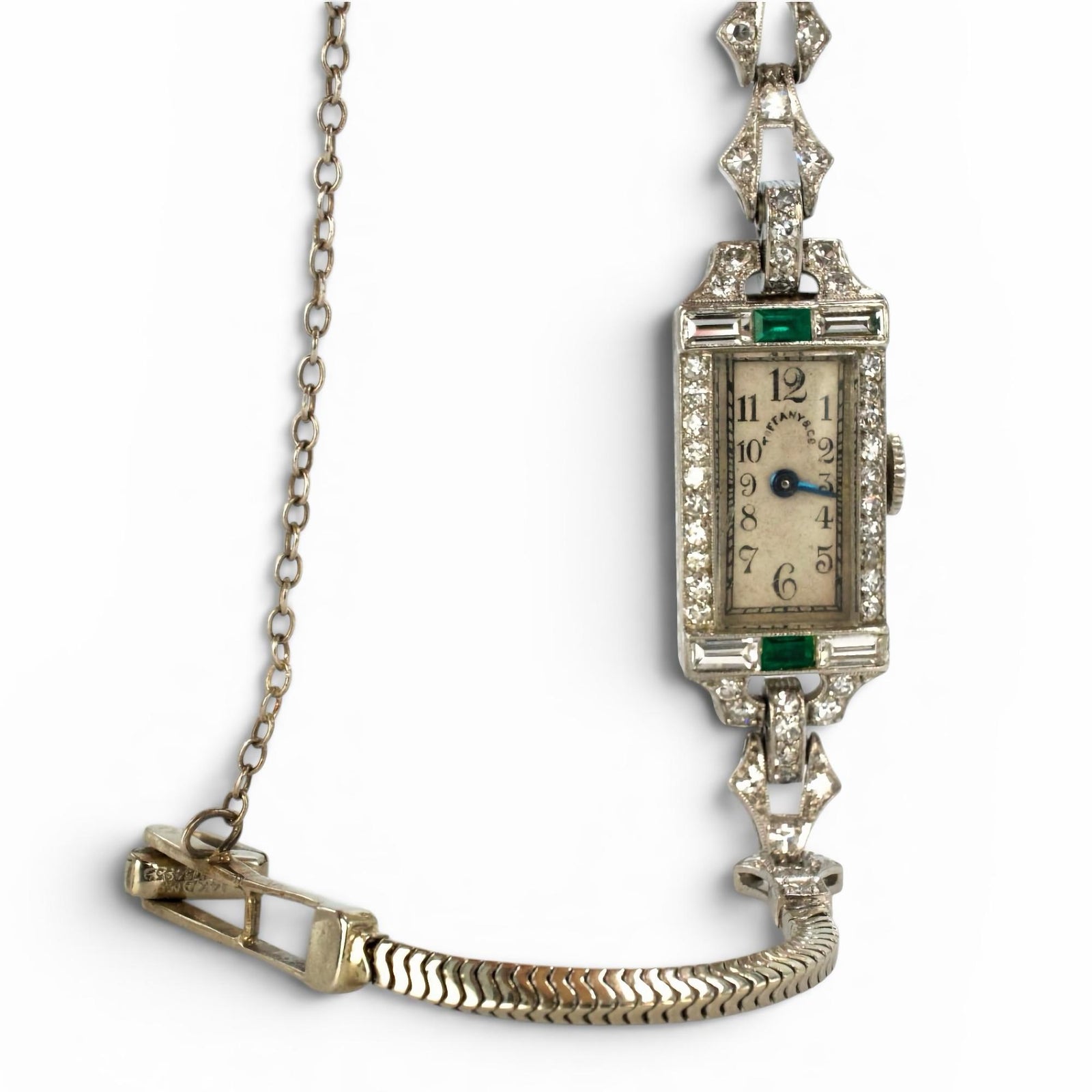Tiffany & Co. Art Deco Diamond and Emerald Watch in Platinum and White Gold